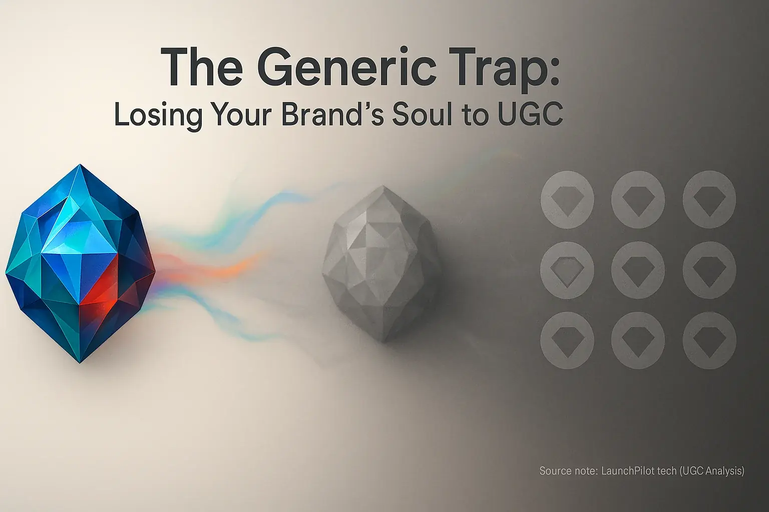 Infographic: Colorful logo fades to grey internal data pattern, &#x27;The Generic Trap&#x27; of losing brand soul to automation.