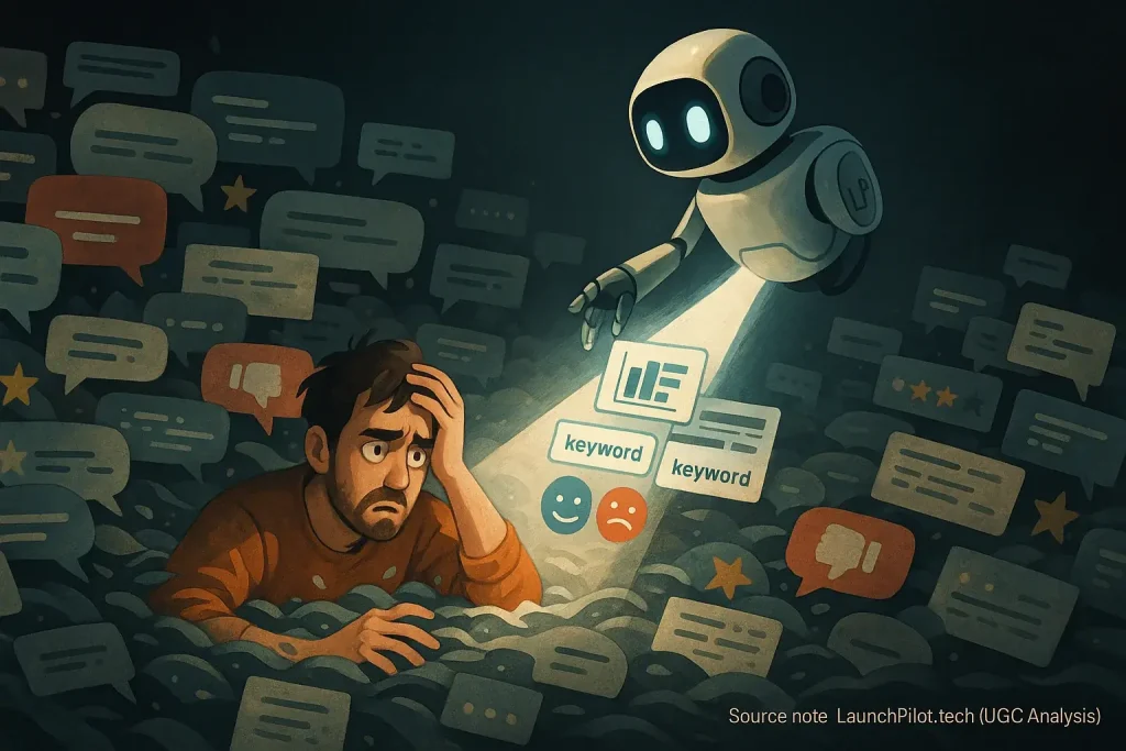 Overwhelmed indie maker drowning in a sea of feedback; a robot extends a hand with an automated analysis solution.