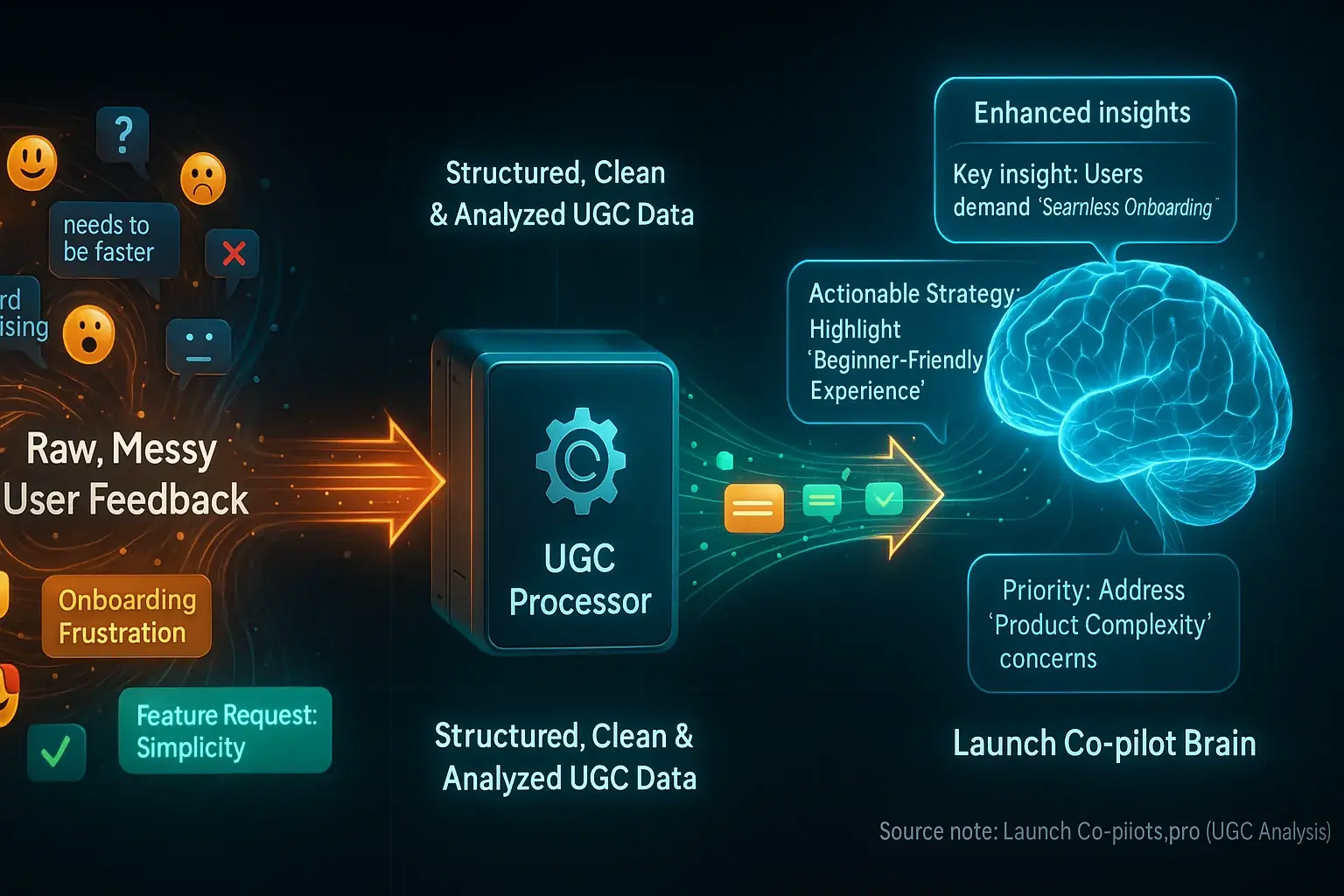Stylized data pipeline: Raw UGC processed into clean data, feeding Co-pilot Brain for enhanced community insights.