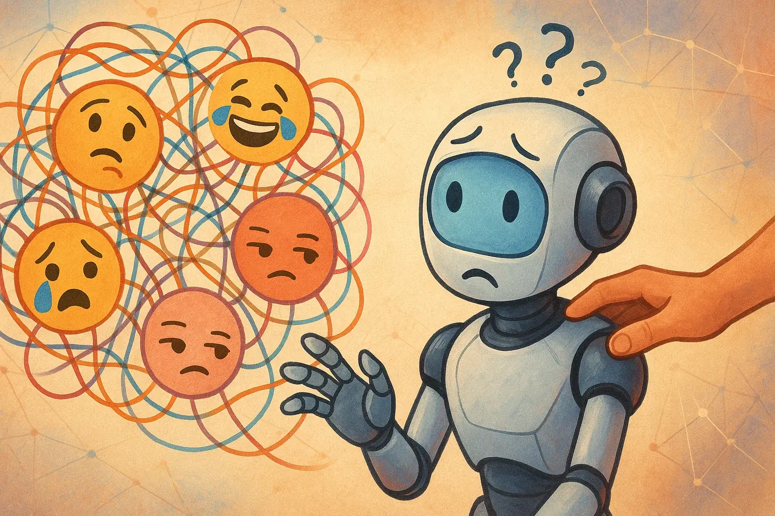 Confused robot faces tangled emoji thought bubbles (🤔😂😭), guided by a hand, showing our analysis&#x27;s UGC analysis limits.