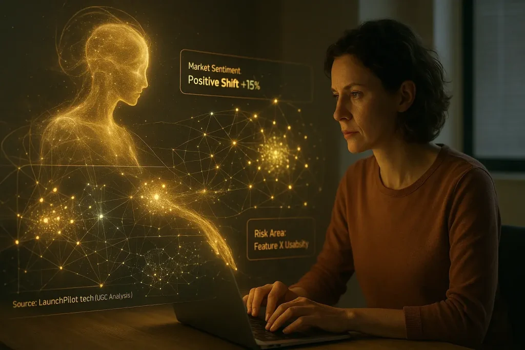 Human indie maker and a sentient, glowing light interface collaborate, co-piloting the future of indie work.
