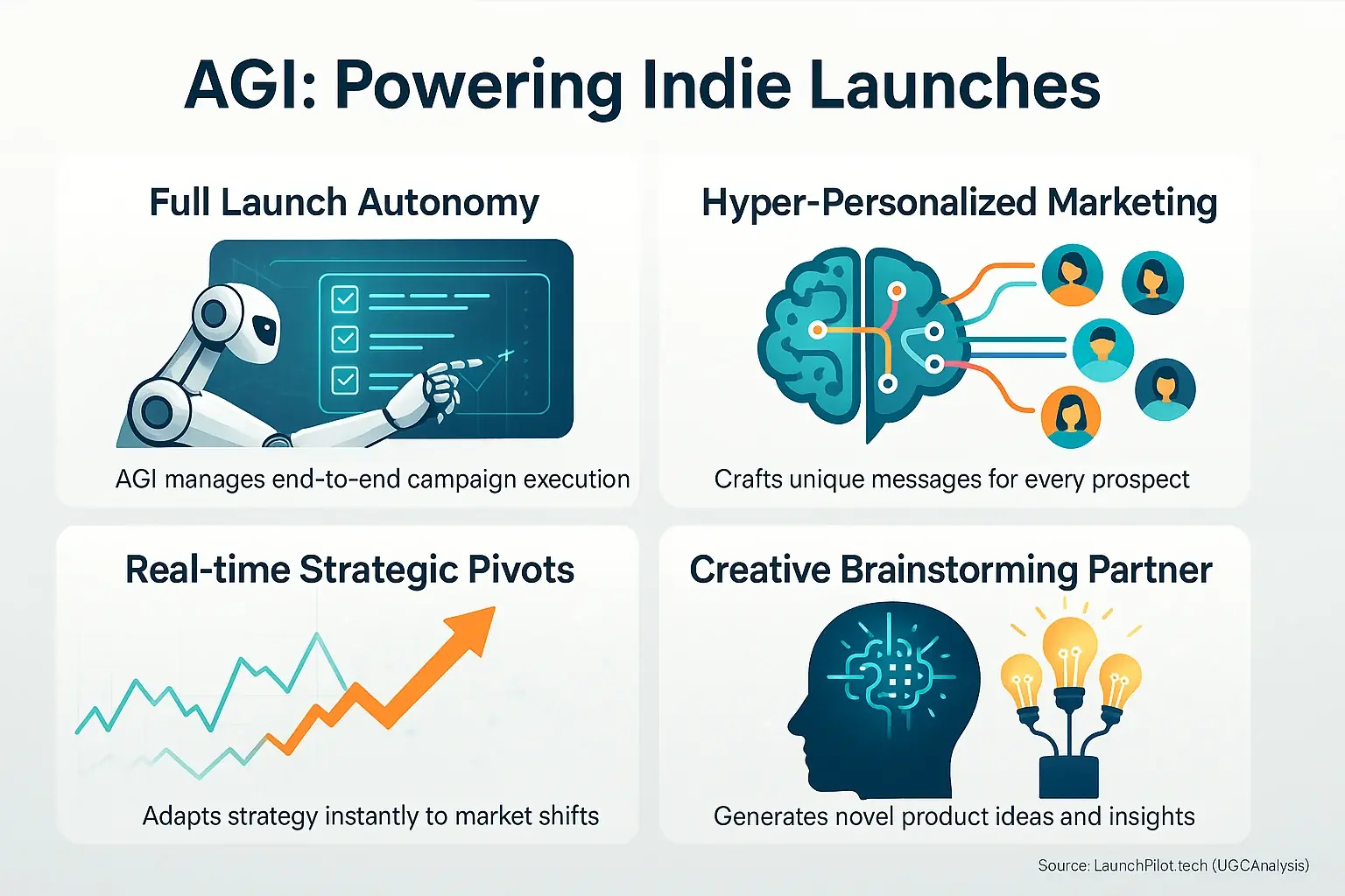 Infographic icons illustrate AGI&#x27;s indie launch power: launch autonomy, personalized marketing, strategic pivots, creative
