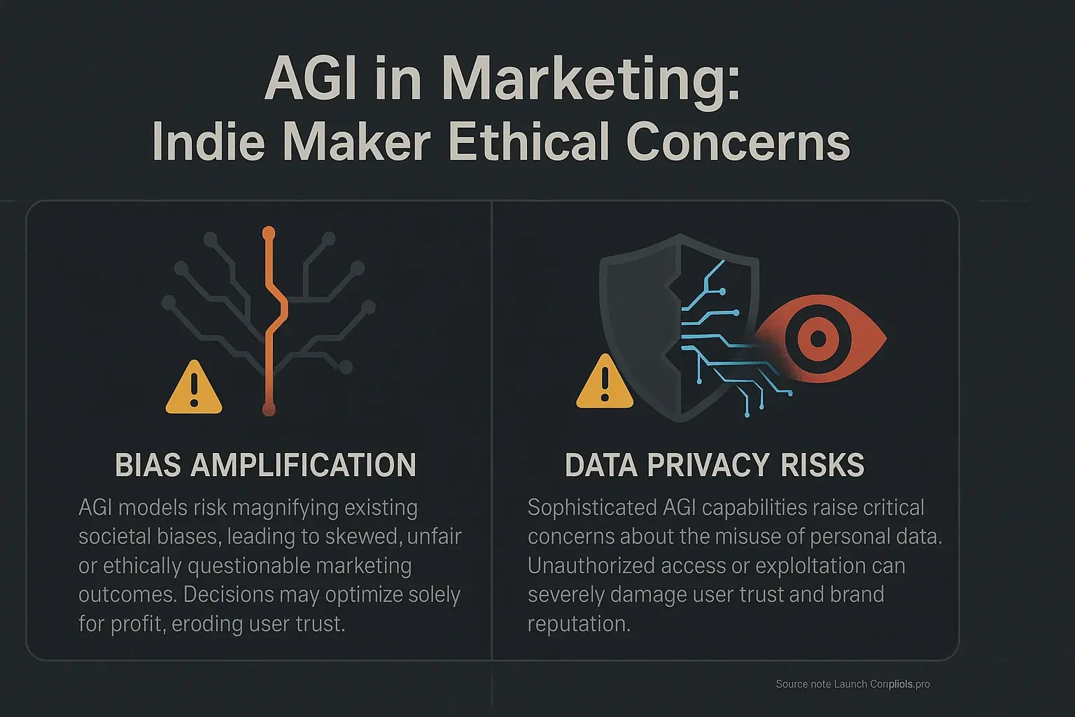 Cautionary icons illustrate AGI marketing ethical risks for indies: bias, privacy, control loss, ethical dilemmas.