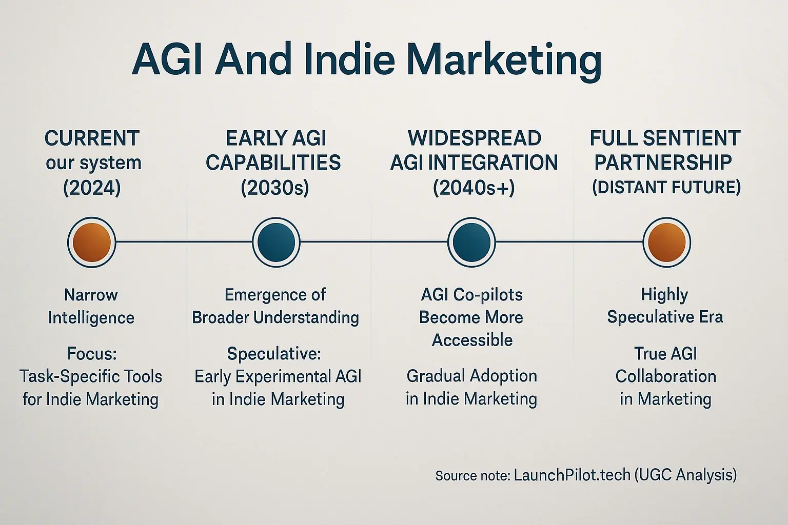 AGI timeline for indie launches: 2024 data, 2030s early AGI, 2040s+ integration, then full sentient partnership.