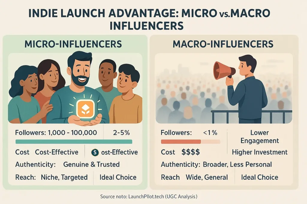 Infographic: For indie launches, micro-influencers beat macros on engagement, cost-effectiveness, and authenticity.