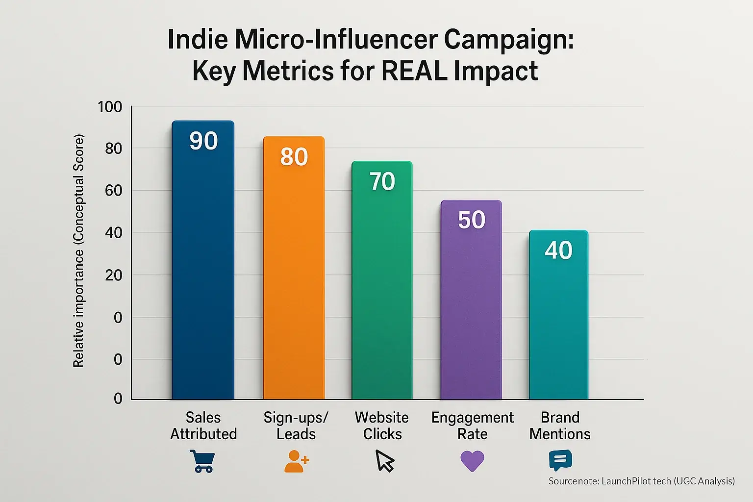 Sales &amp; Leads as top real impact metrics for indies, ranked above Clicks, Mentions, Engagement on a bar chart.