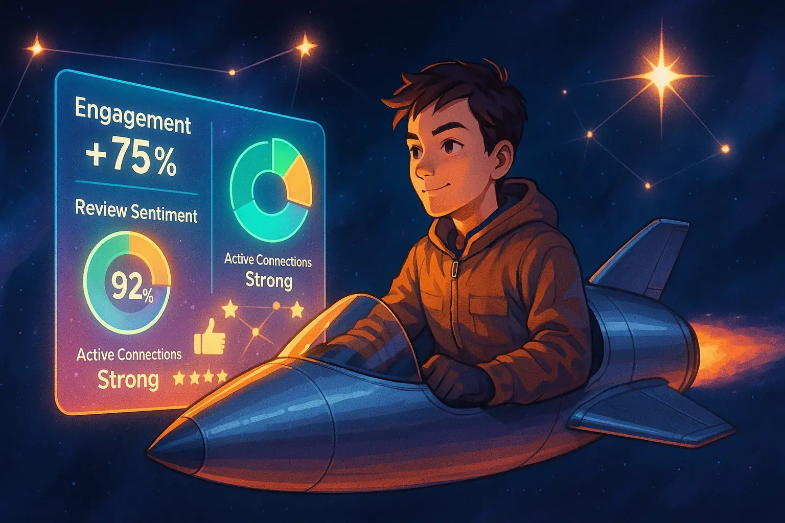 Maker confidently pilots sleek rocket on micro-influencer flight plan, data co-pilot ensuring success.