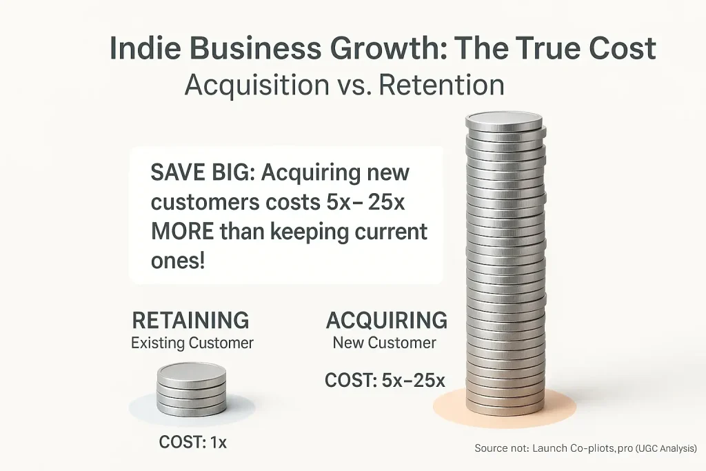 Cost comparison infographic: Retaining indie customers is far cheaper than acquiring new ones.