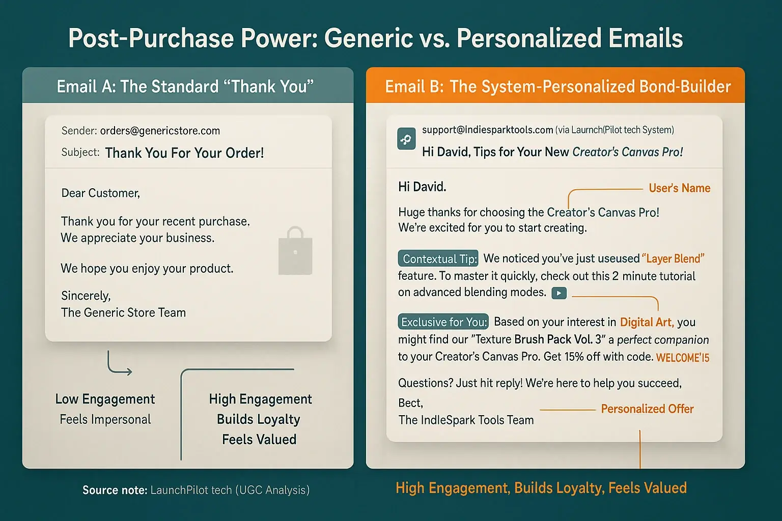 Infographic comparing generic vs. personalized post-purchase emails; personalization (name, product, tips) builds bonds.