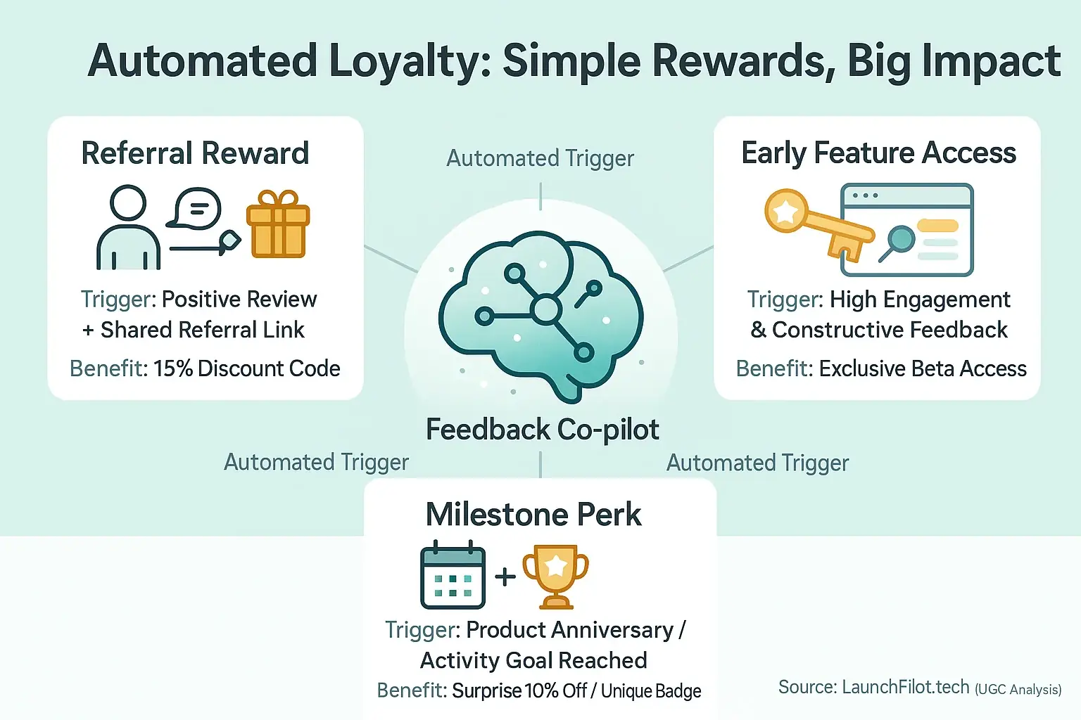 Infographic: Review analysis triggering 3-4 simple automated loyalty rewards (e.g., referral bonus) for indies.