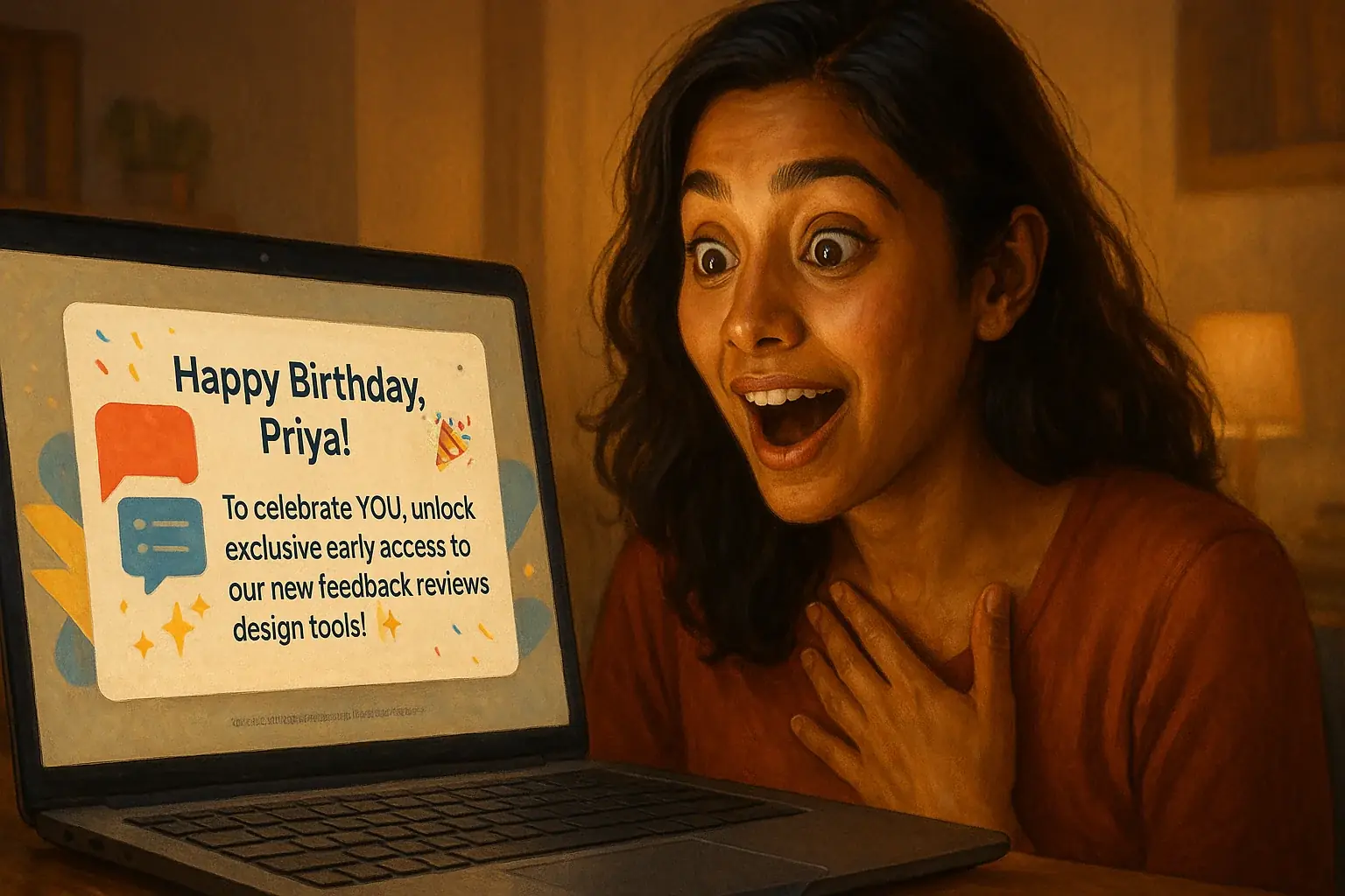 Indie customer&#x27;s &#x27;wow&#x27; face at a personalized digital surprise, a &#x27;surprise &amp; delight&#x27; tactic making them feel seen.
