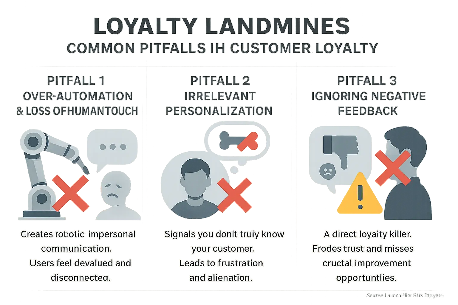 Loyalty landmines infographic: over-automation, irrelevant personalization, spamming, ignoring feedback, with warning signs.