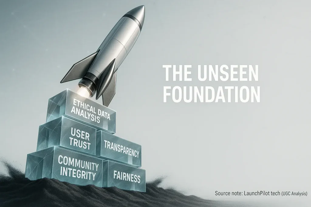 Transparent blocks symbolizing ethical review support a launch rocket, the unseen foundation for a successful indie launch.