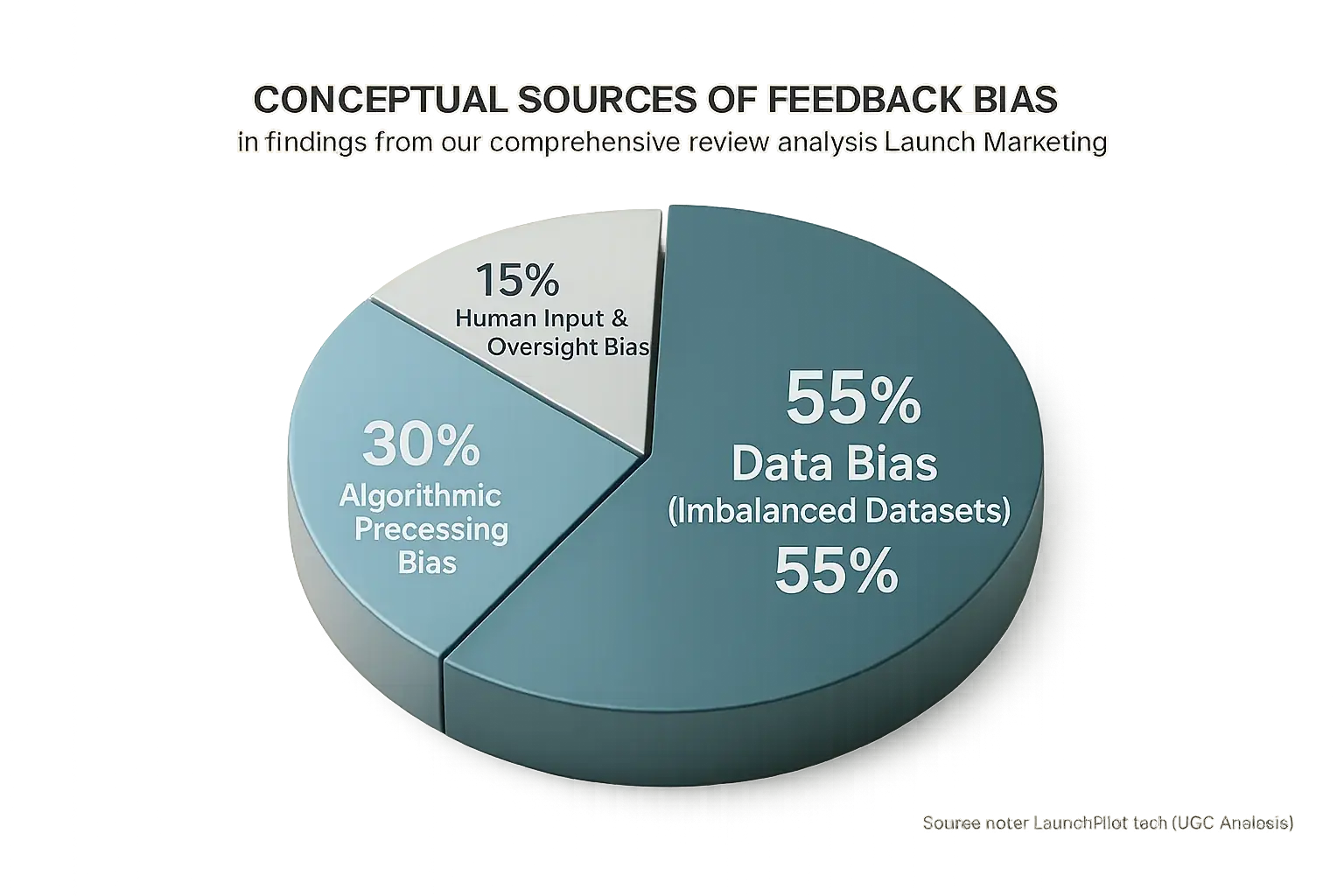 Pie chart: Conceptual breakdown of UGC bias sources for fair indie launches (data, algorithm, human input)