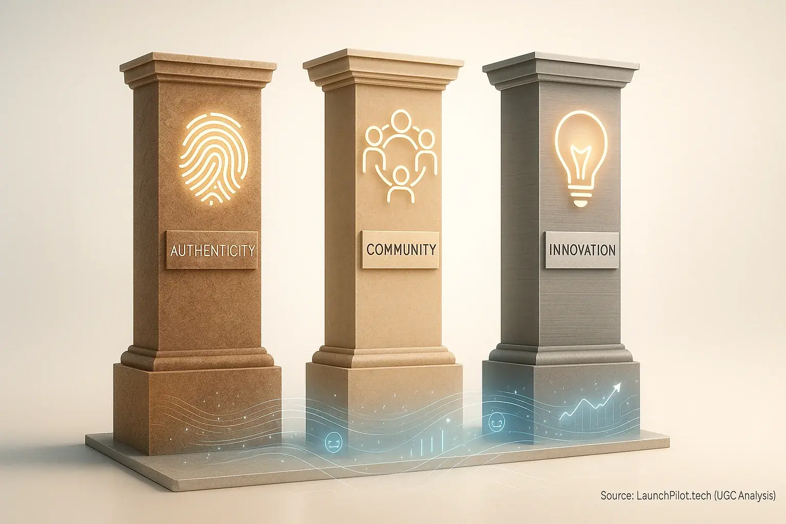 Three pillars with icons for Authenticity, Community, Innovation. Experiences co-pilot supports, not replaces, indie values.