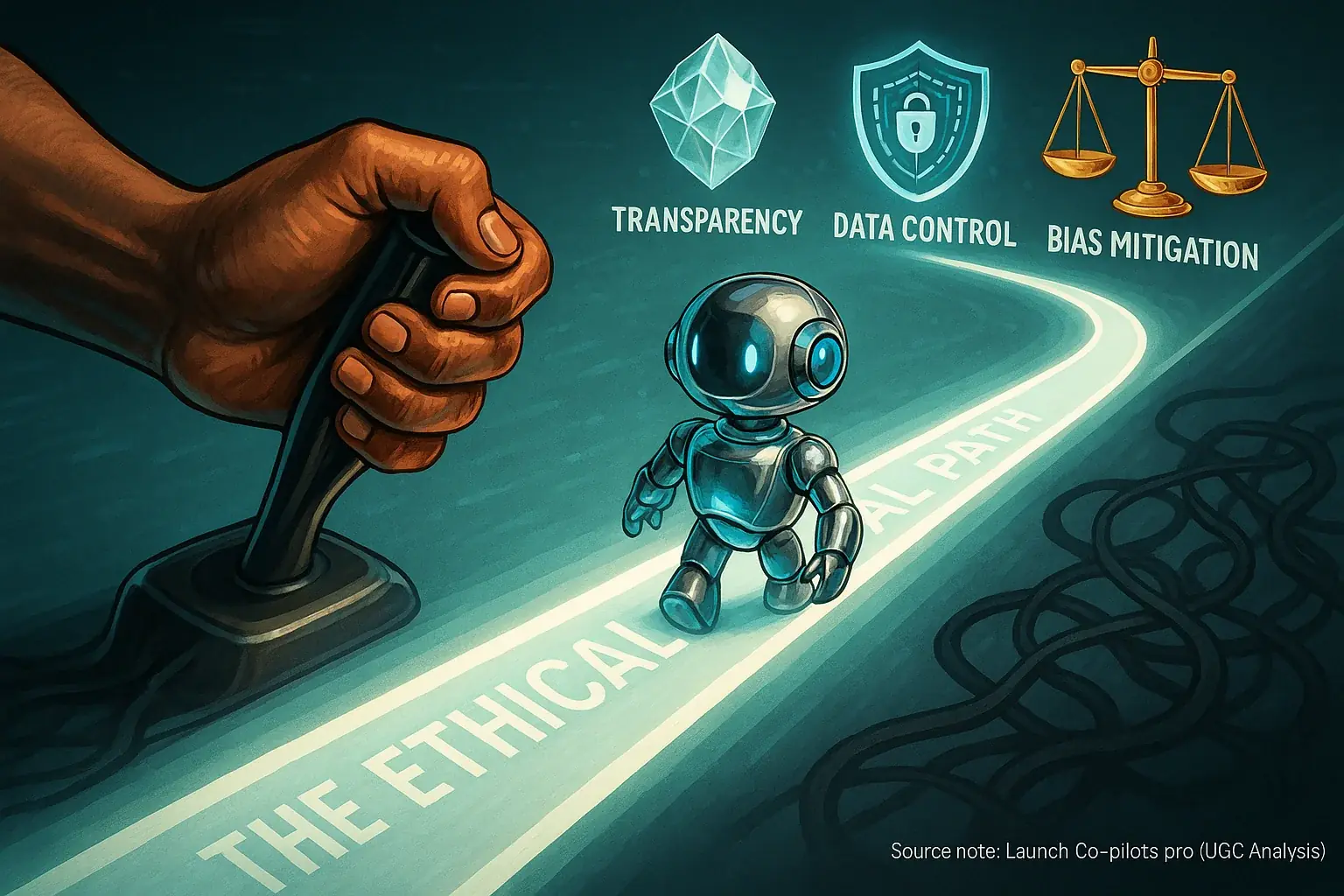 Indie maker&#x27;s hand actively steers co-pilot robot on ethical path for indie review tools.