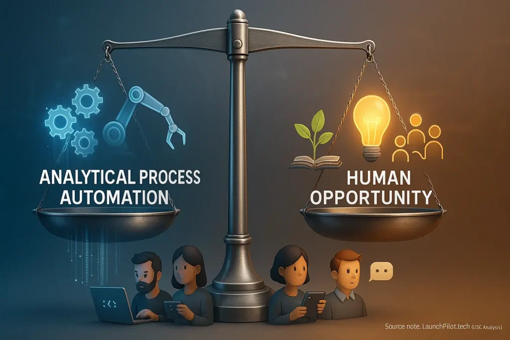 Scale with indie maker icons weighs 'user analysis automation' against 'human opportunity', showing their job market debate.