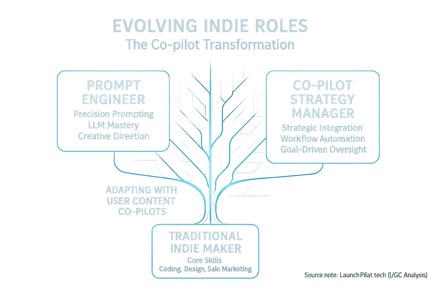 Skill tree: traditional indie roles evolve to new community-enhanced &amp; system-era jobs, showing need for upskilling.