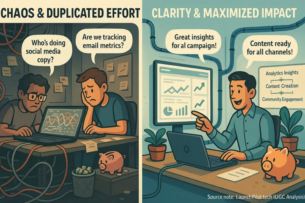 A game plan transforms indie team chaos (tangled wires, frustration) to organized success (smooth workflow, smiles).