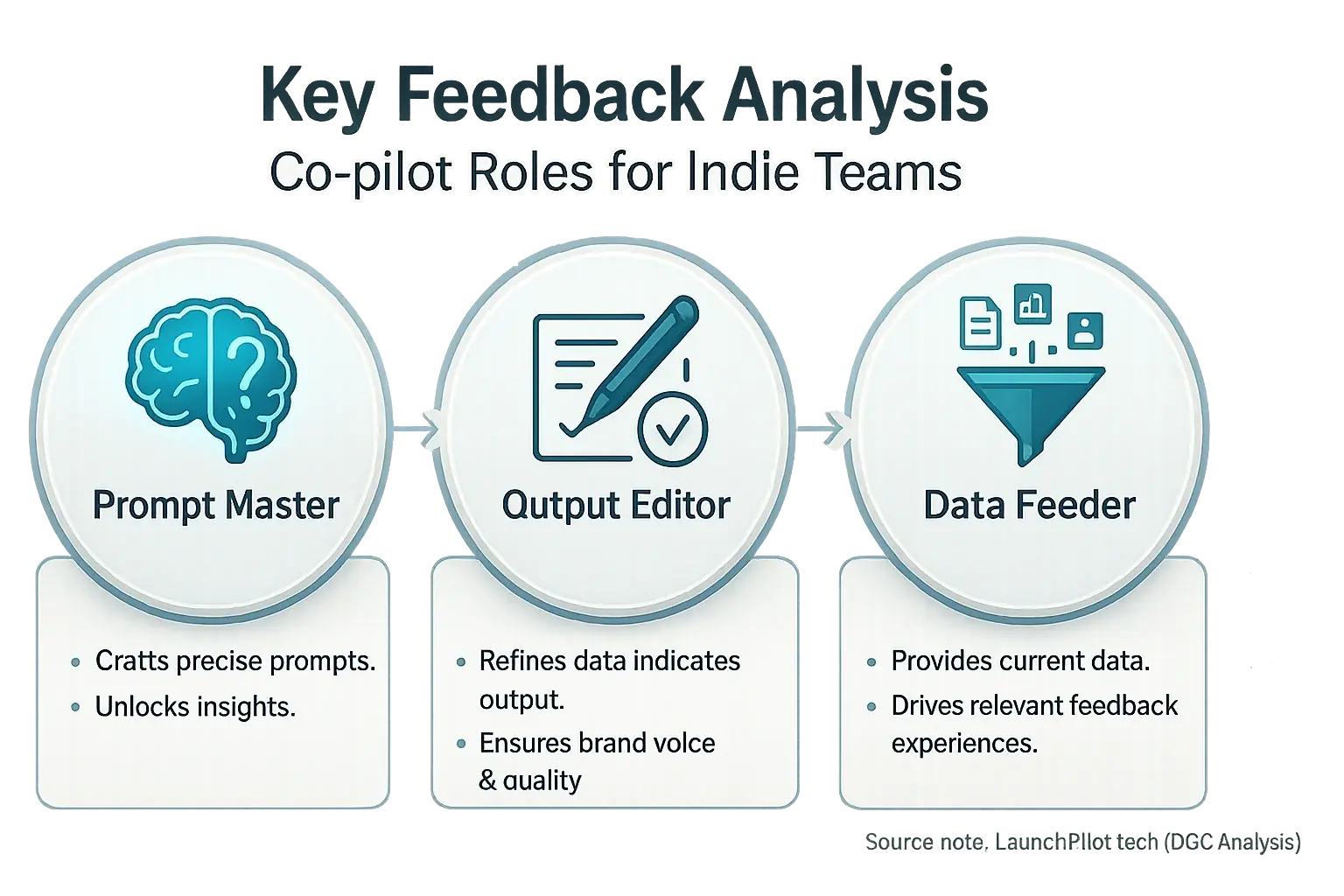 Diagram: Community analysis roles (Prompt Master, Output Editor, Data Feeder) in indie teams, defining responsibilities.