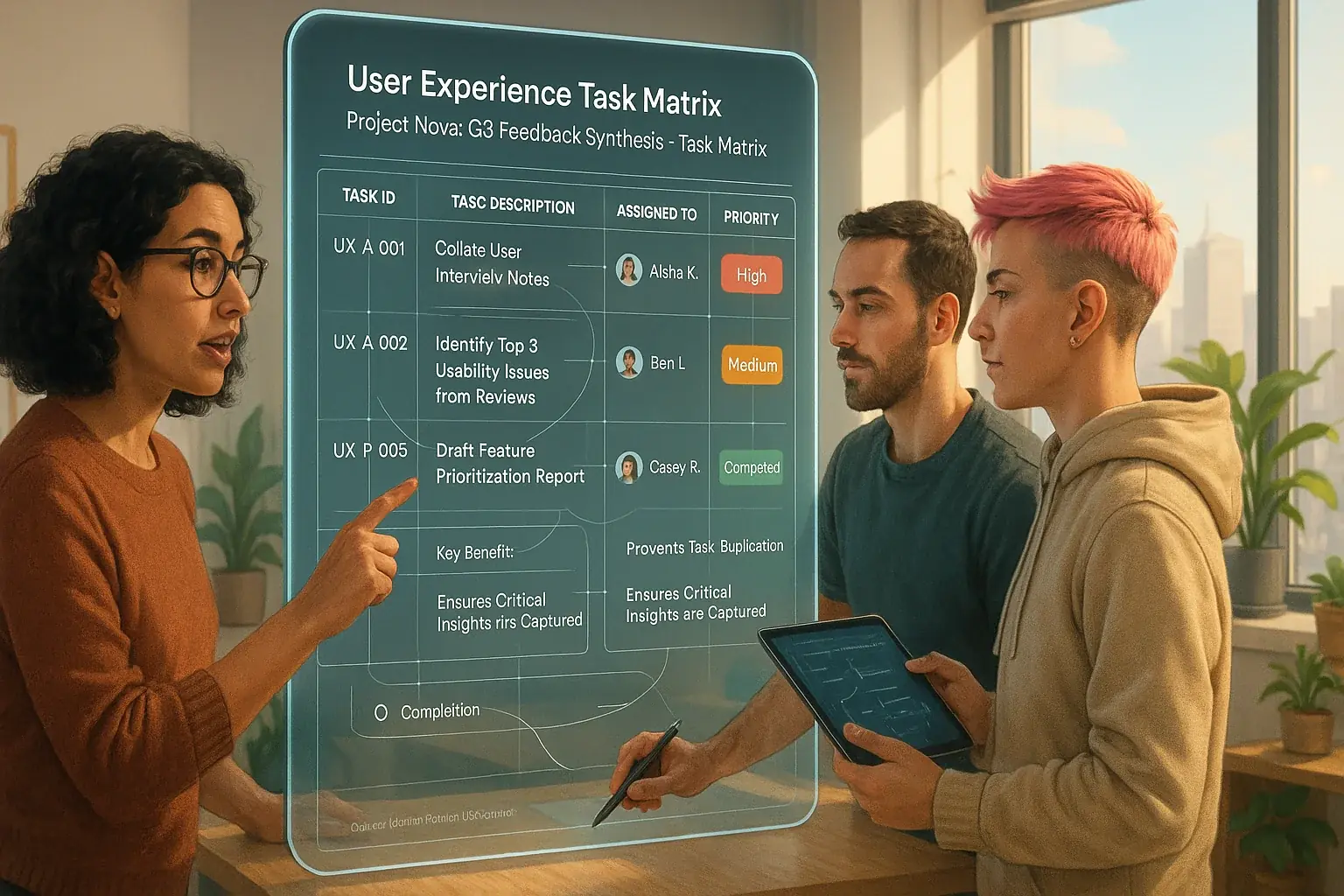 Indie team uses digital tool showing clear workflow for assigning data analysis tasks and defining team roles.