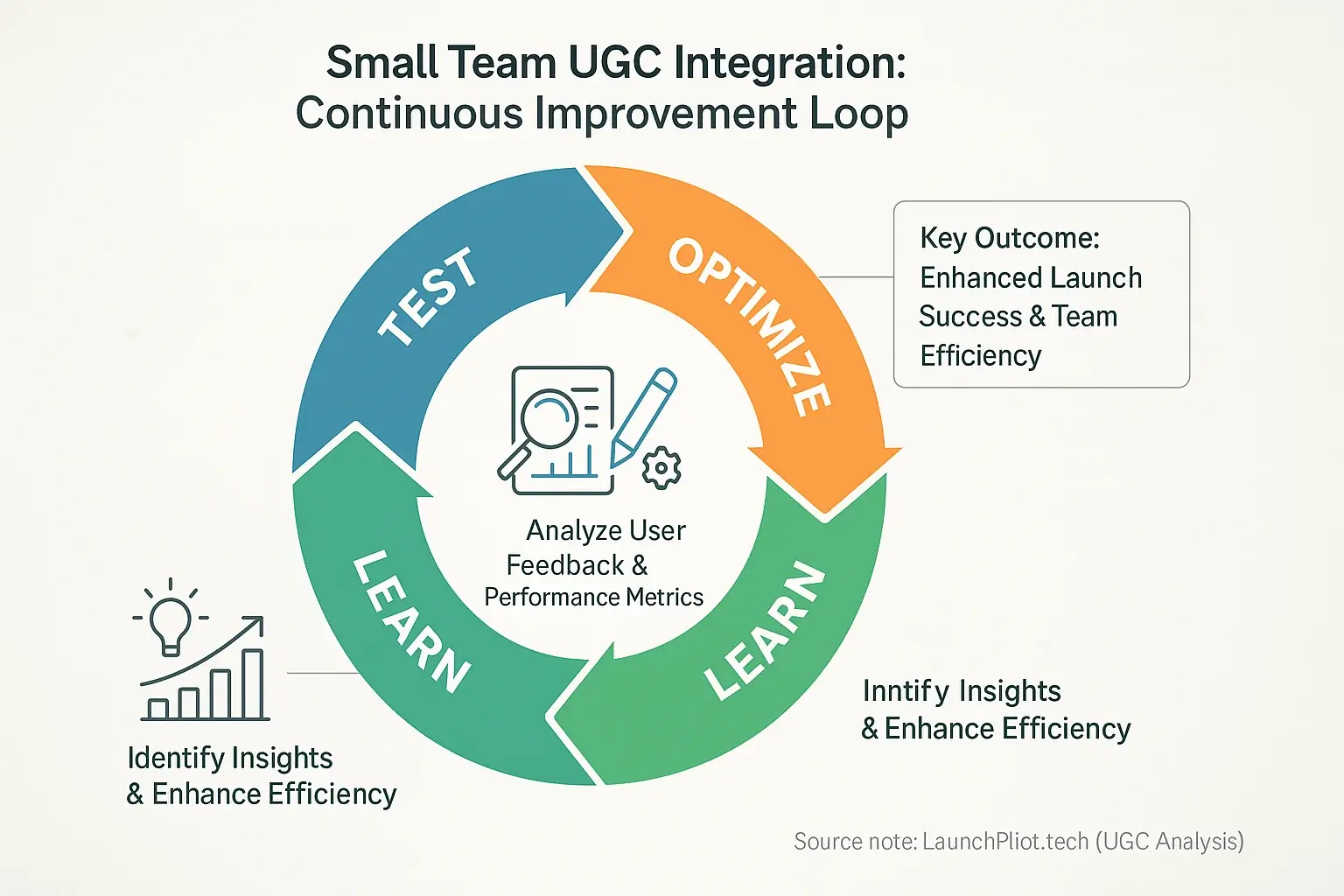 Circular &#x27;Test, Optimize, Learn&#x27; iterative loop for optimizing micro-team data discussions &amp; launch success.