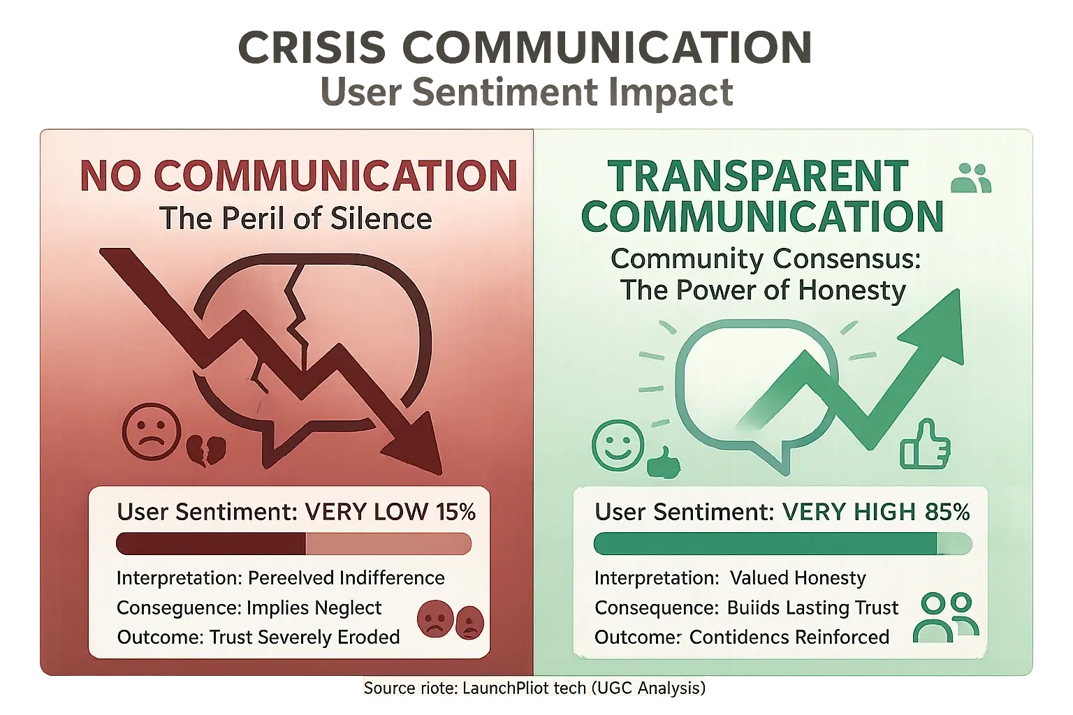 Comparison: Transparent, feedback-driven crisis comms boosts user sentiment, while silence yields low.