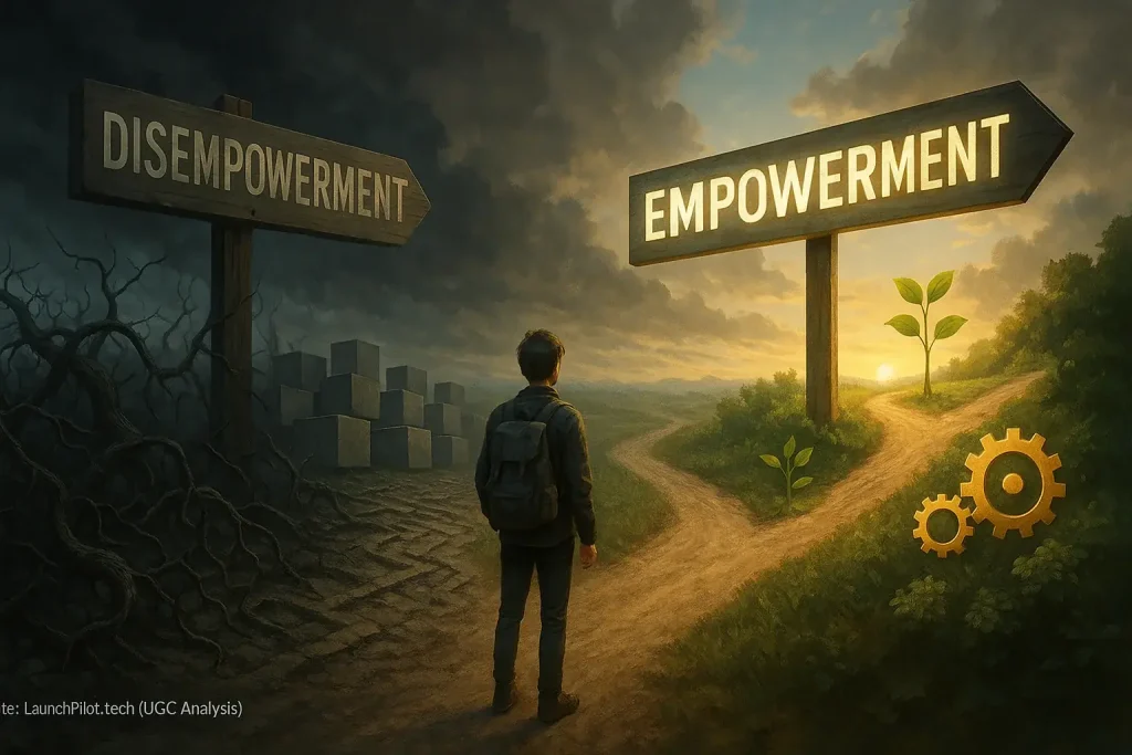 Indie maker at a fork: co-pilot path to 'Empowerment' (growth) or 'Disempowerment' (struggle).