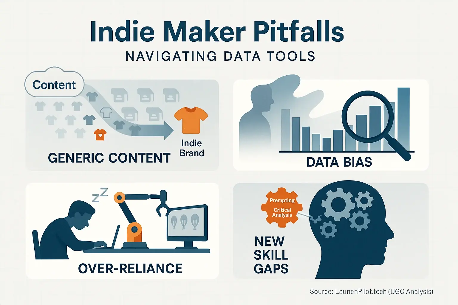 Infographic: Indie over-reliance risks: generic content (text), data bias (skewed scales), sleeping dev, skill gaps (puzzle).