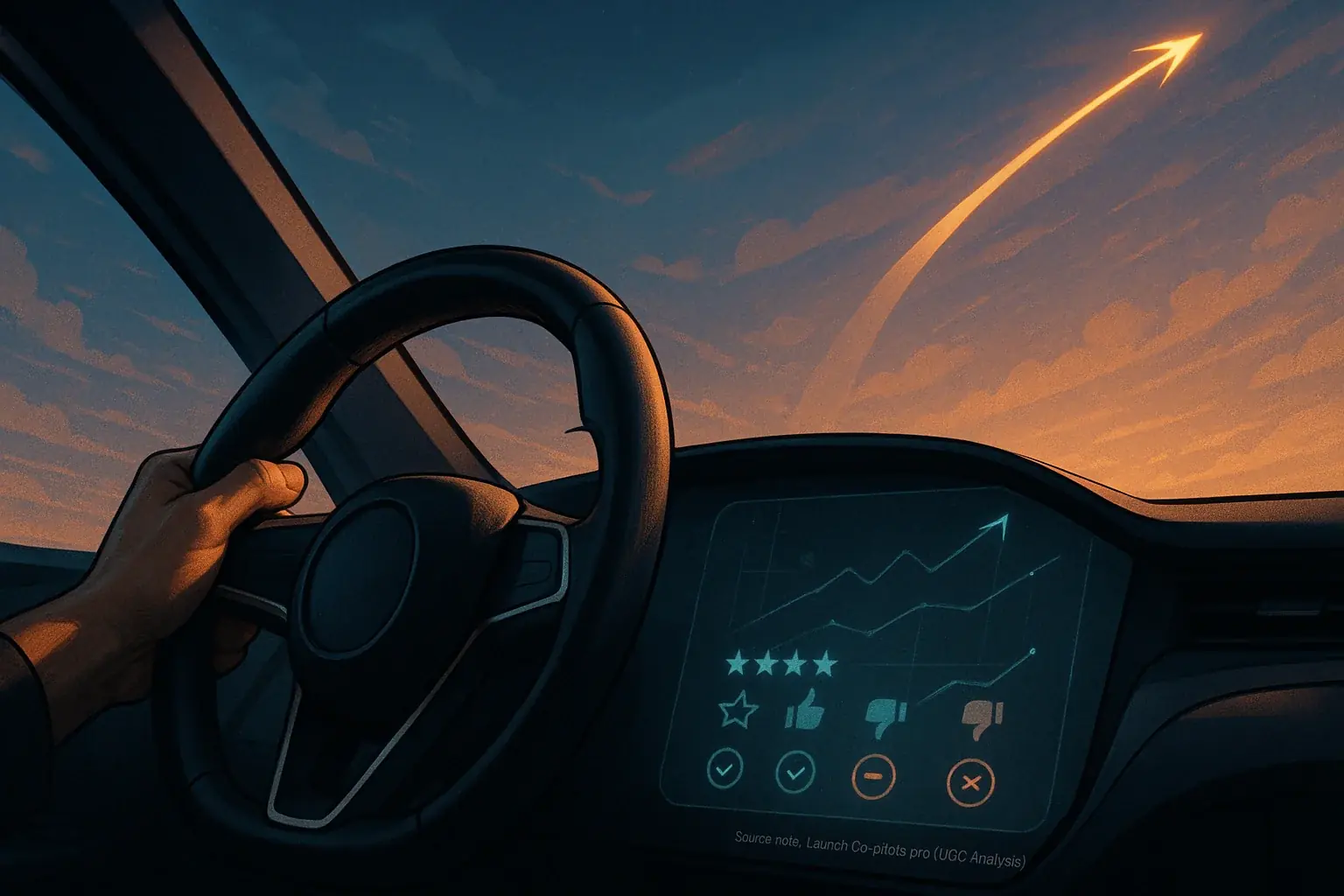 Indie maker's hand steers with subtle, glowing UI assist, navigating a dynamic, clear launch path.