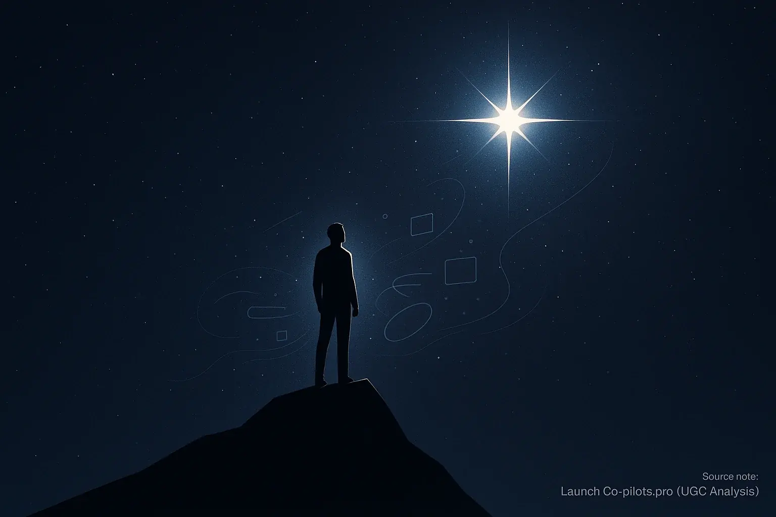 Silhouette on peak, eyes on glowing North Star vision; subtle feedback lines assist, not steer.