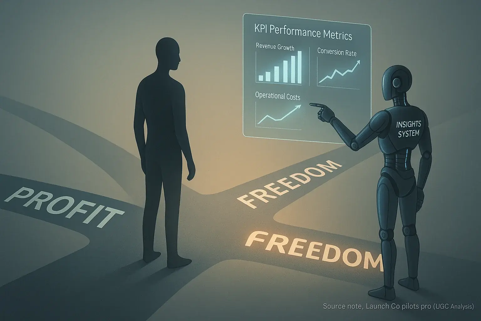Contemplative person at crossroads weighs business goals: Profit (robot's data), Impact, Freedom, Growth, defining own