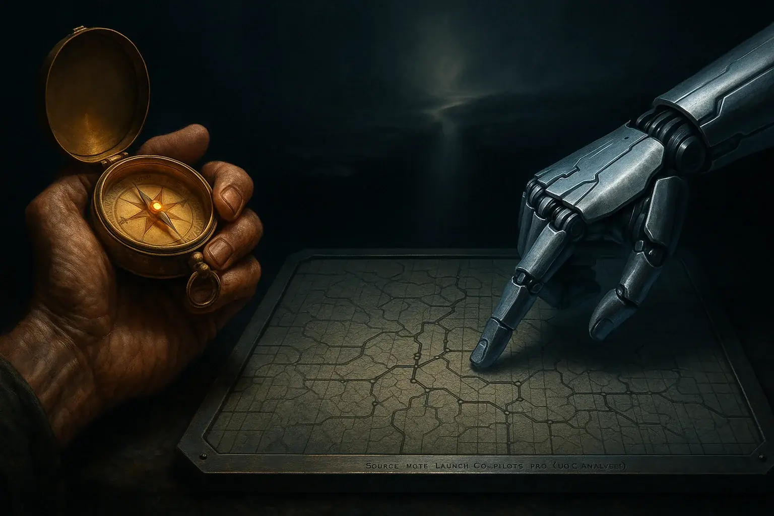 Uncertain but determined maker with compass, facing robot's rigid map, making a gut-wrenching pivot.