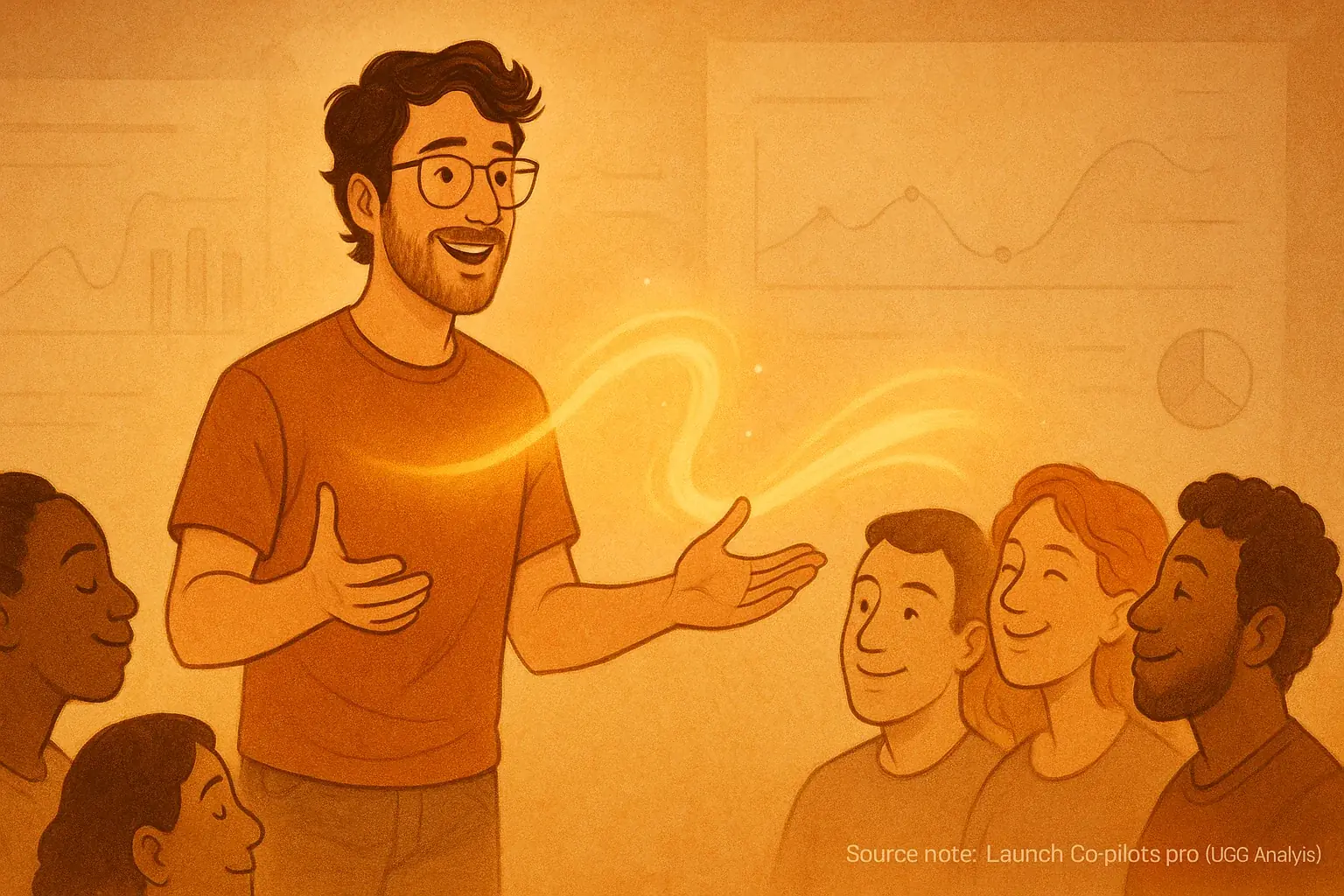 An indie maker connects with diverse stylized faces, highlighting authentic human connection in founder branding.