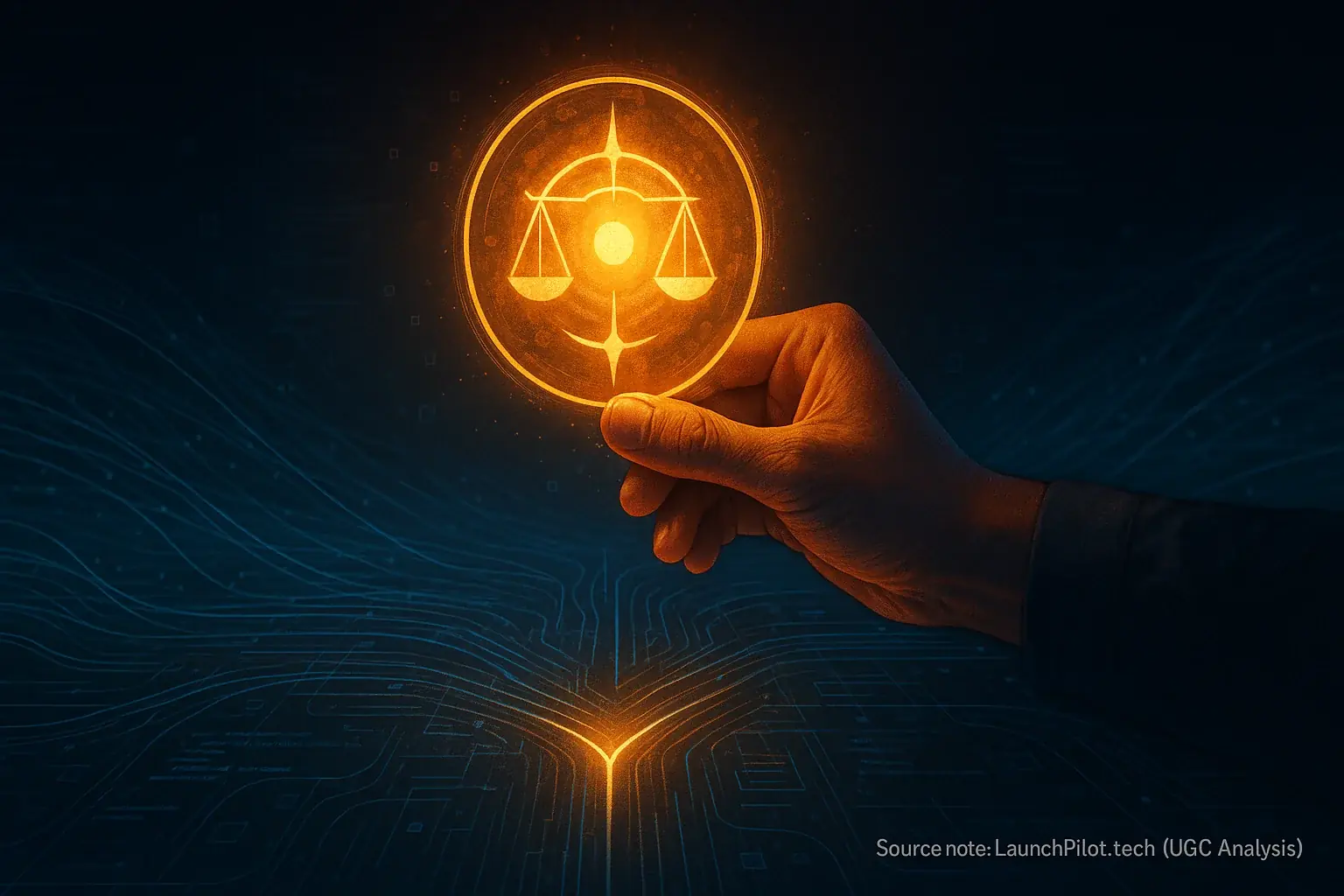 Indie maker's hand holding glowing moral compass navigates digital landscape of user feedback for ethical launch decisions.