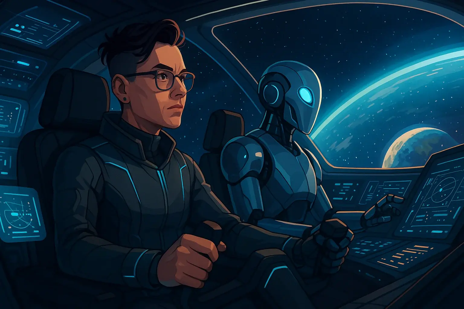 Indie maker in command of a futuristic spaceship with our system's robot co-pilot assisting, awaiting human direction