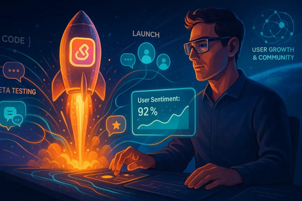 Stylized indie dev launches rocket app, data co-pilot's glowing tech lines powering its journey from code to users.