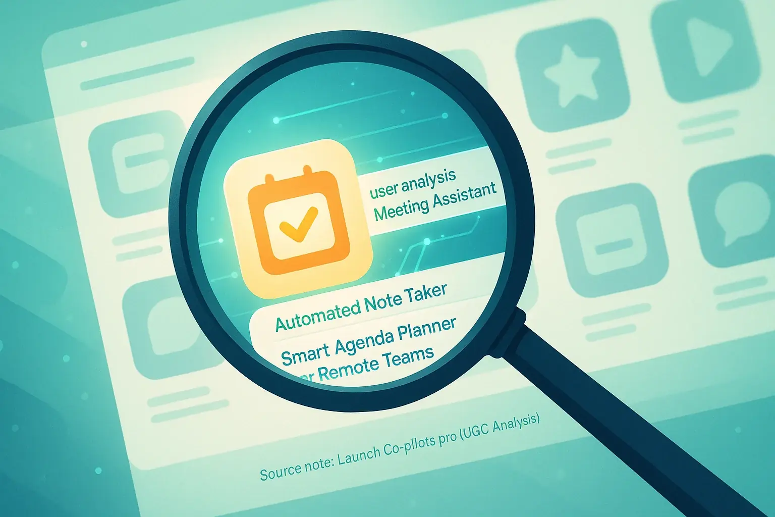 Magnifying glass scans app store results, highlighting ASO keywords & icons boosting discovery & visibility.