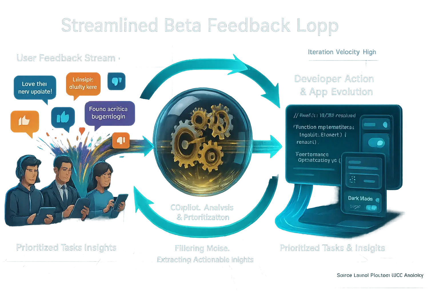 Streamlined feedback loop: User input (speech, thumbs) fuels community review (gears) & dev action (code) for faster, better