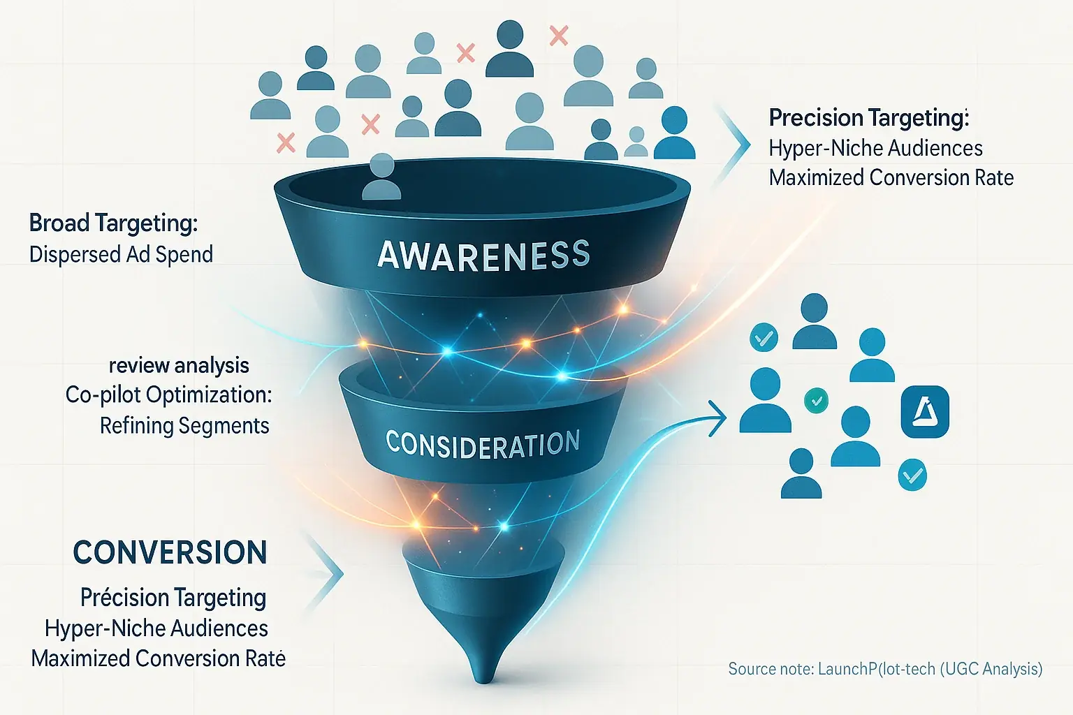 User acquisition funnel: data streams & nodes optimize ad spend & targeting to reach the right people at the right time.