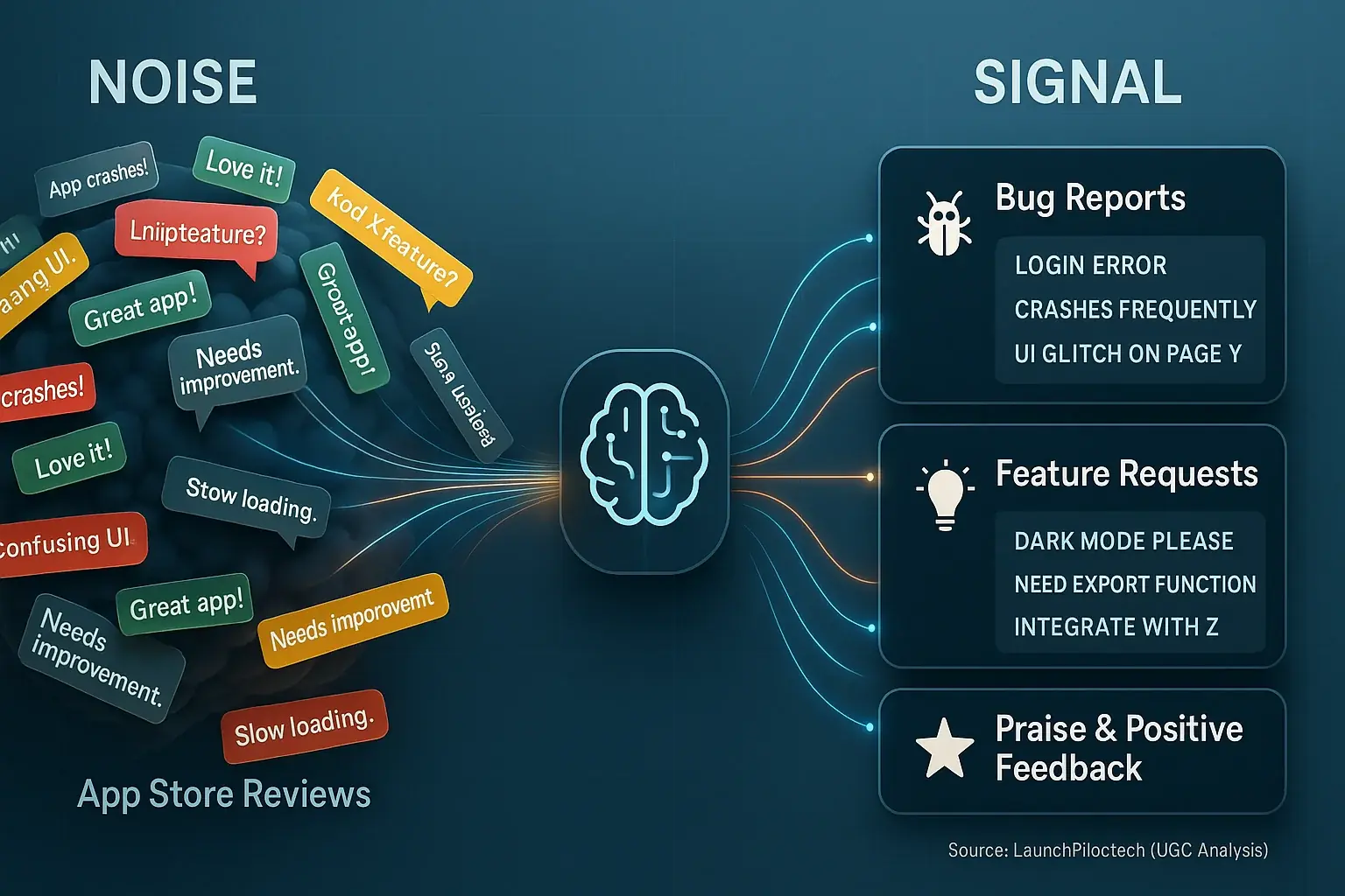 Stylized cloud of app reviews processed into insights (e.g., 'Bug Reports'), turning feedback noise to signal.
