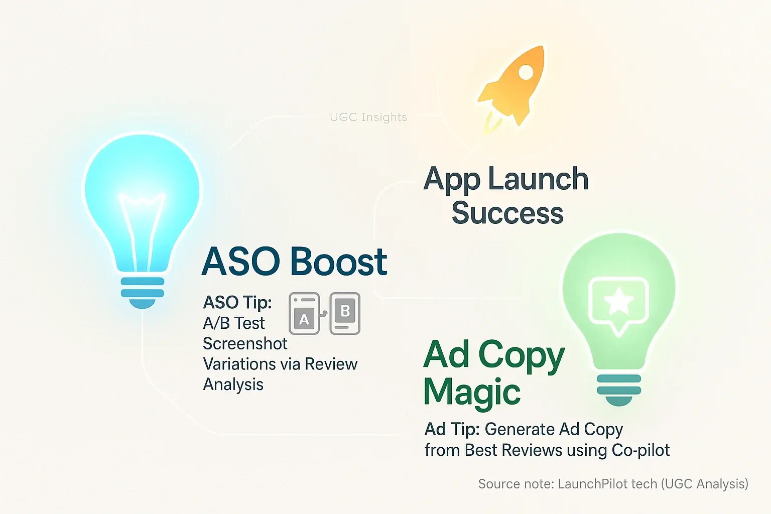 Connected, stylized lightbulbs with stage icons (ASO, beta) show indie dev tips flowing to app launch success.