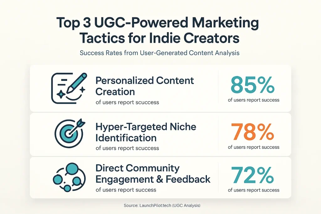 Infographic: Top 3 user-proven marketing tactics for indie creators, showing success percentages.