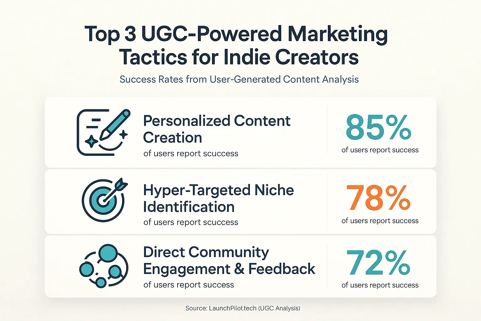 Infographic: Top 3 user-proven marketing tactics for indie creators, showing success percentages.