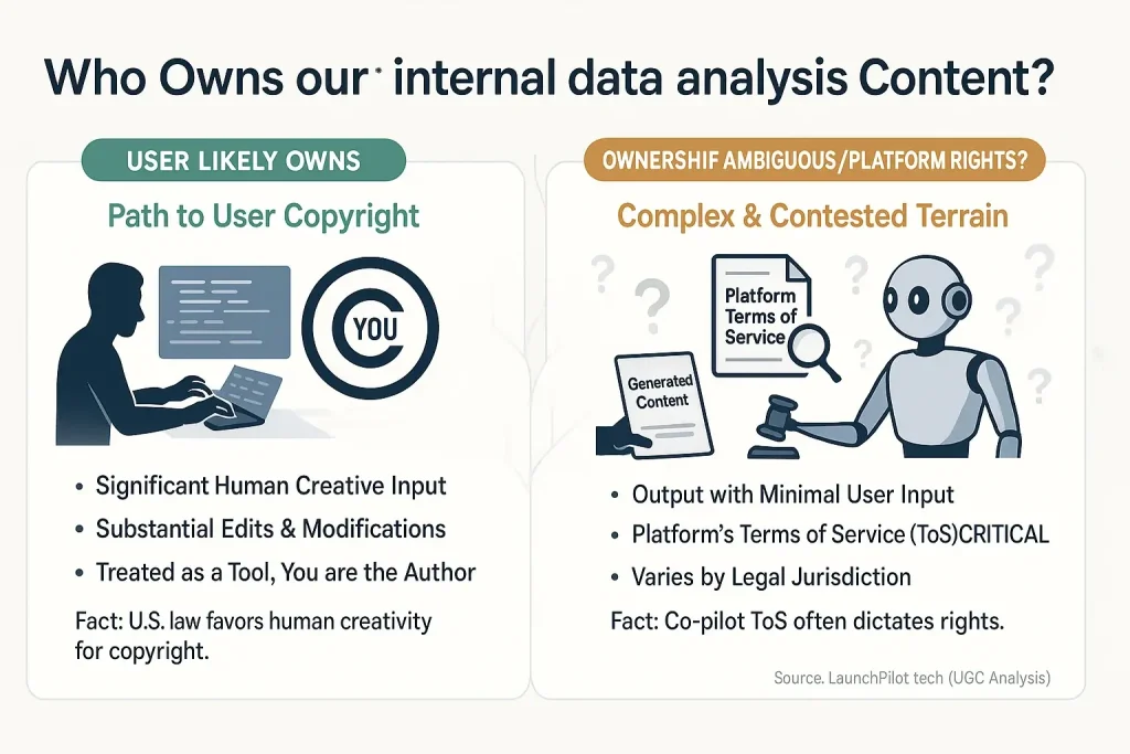 Infographic: 'Who owns it?' copyright questions for indie makers, showing clear vs. ambiguous UGC ownership scenarios.