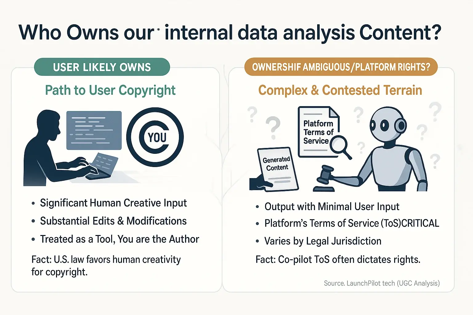 Infographic: 'Who owns it?' copyright questions for indie makers, showing clear vs. ambiguous UGC ownership scenarios.