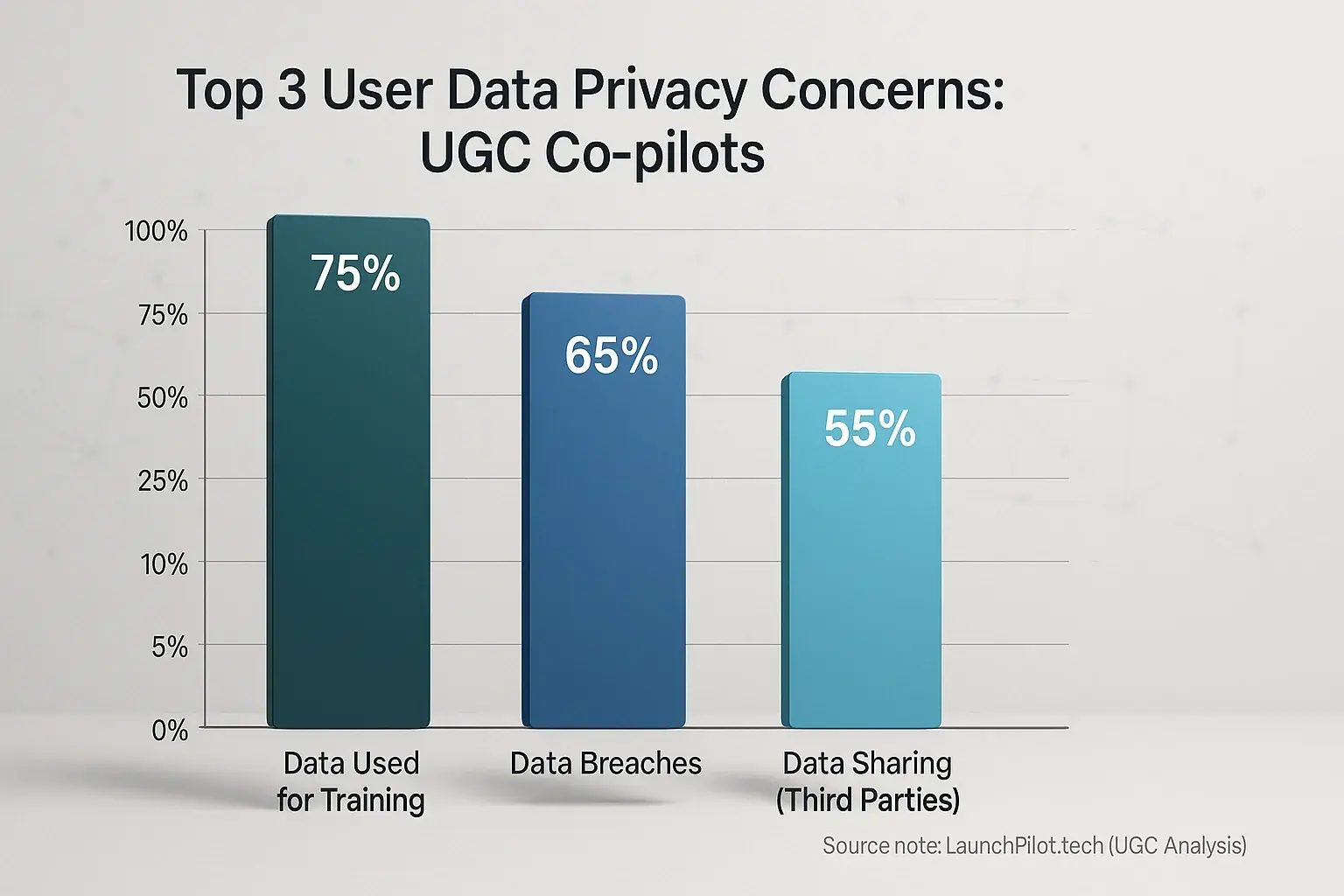 Bar chart: Top 3 user-reported privacy concerns for co-pilots: data training, 3rd-party sharing, breaches.