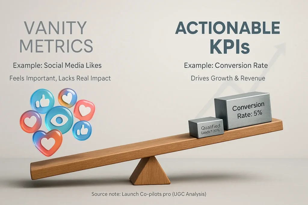 Split infographic: Actionable KPIs (conversions) bring indie clarity, unlike vanity metrics (likes).