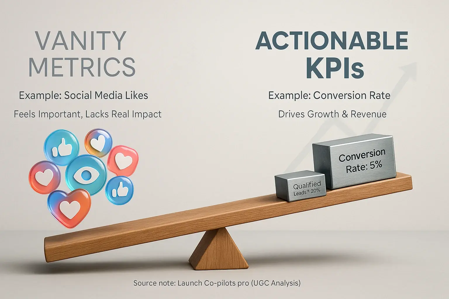 Split infographic: Actionable KPIs (conversions) bring indie clarity, unlike vanity metrics (likes).
