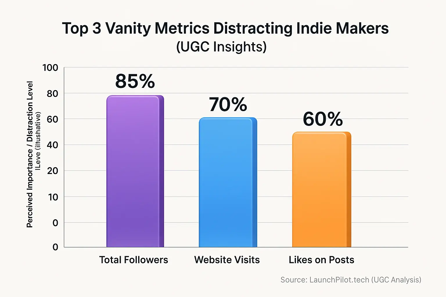 Bar chart from UGC: Top 3 vanity metrics (followers, visits, likes) distracting indie makers.